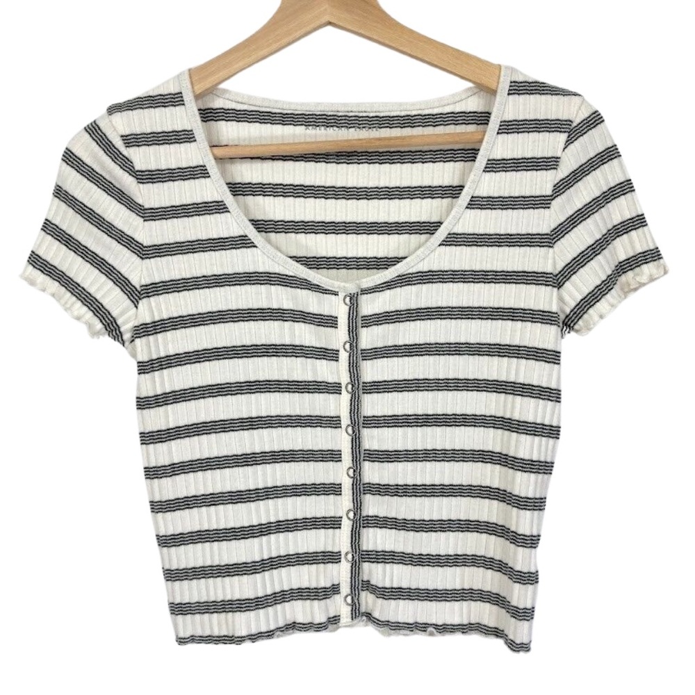 AE American Eagle Cropped Striped Black and White Ribbed Shirt